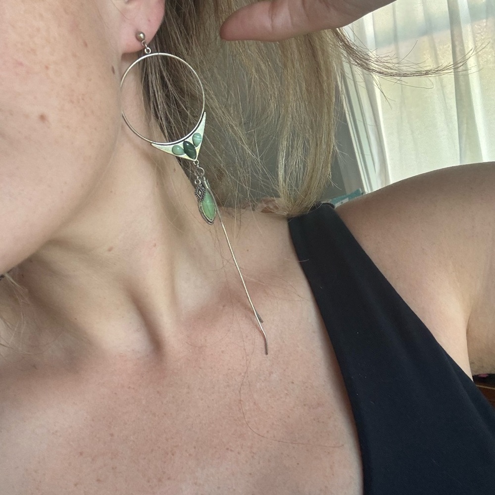Free People Silver and Green Hoop Dangle Earrings